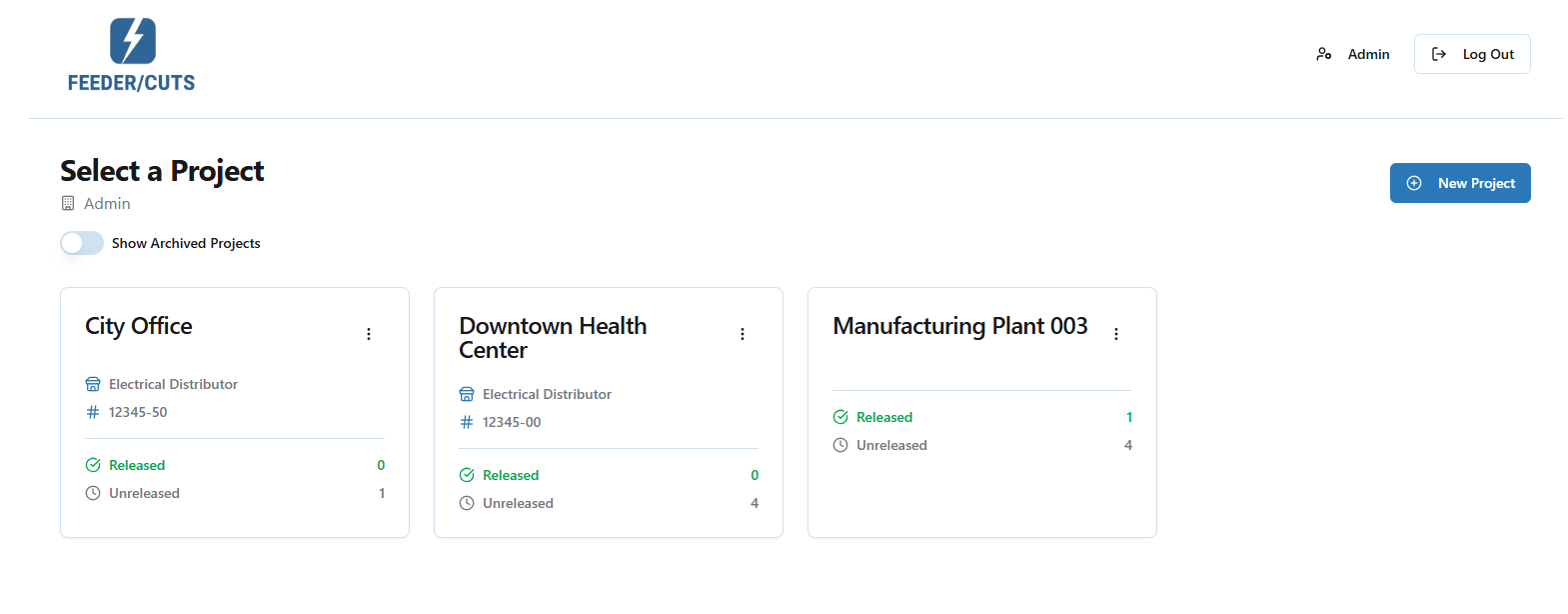 Project management dashboard showing multiple project cards.